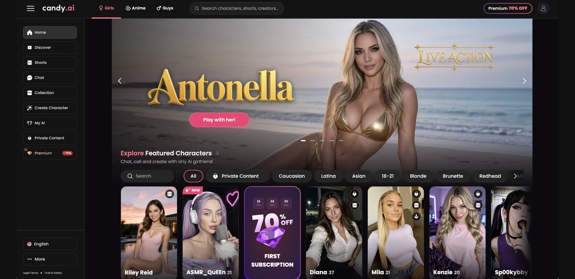 Candy AI interface screenshot: Polished companion app with a detailed creator, images and voice