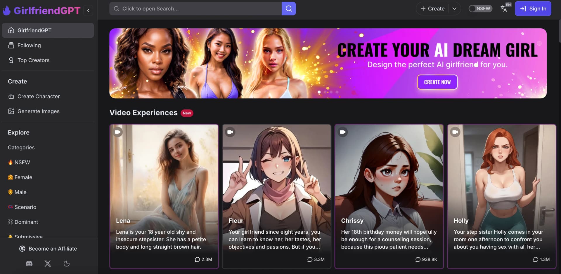 GPTGirlfriend interface screenshot: Long-form roleplay with a large creator community