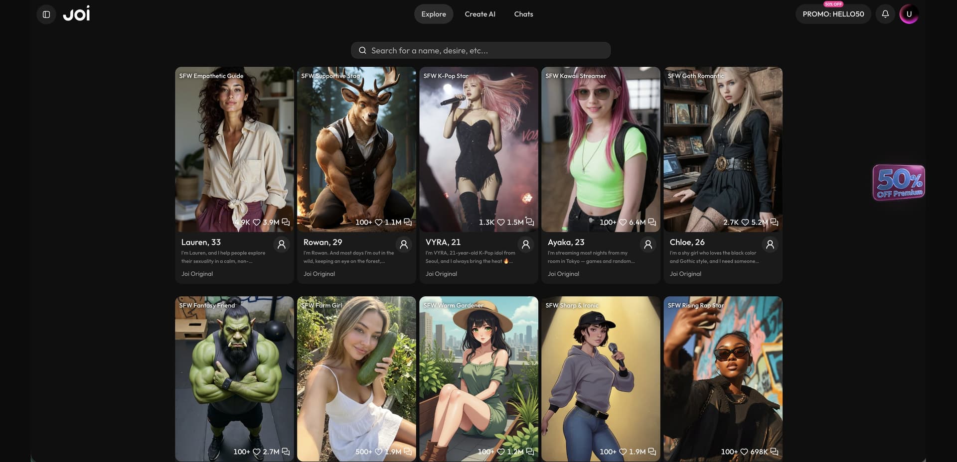 Joi interface screenshot: Mature personas that hold their character over long chats