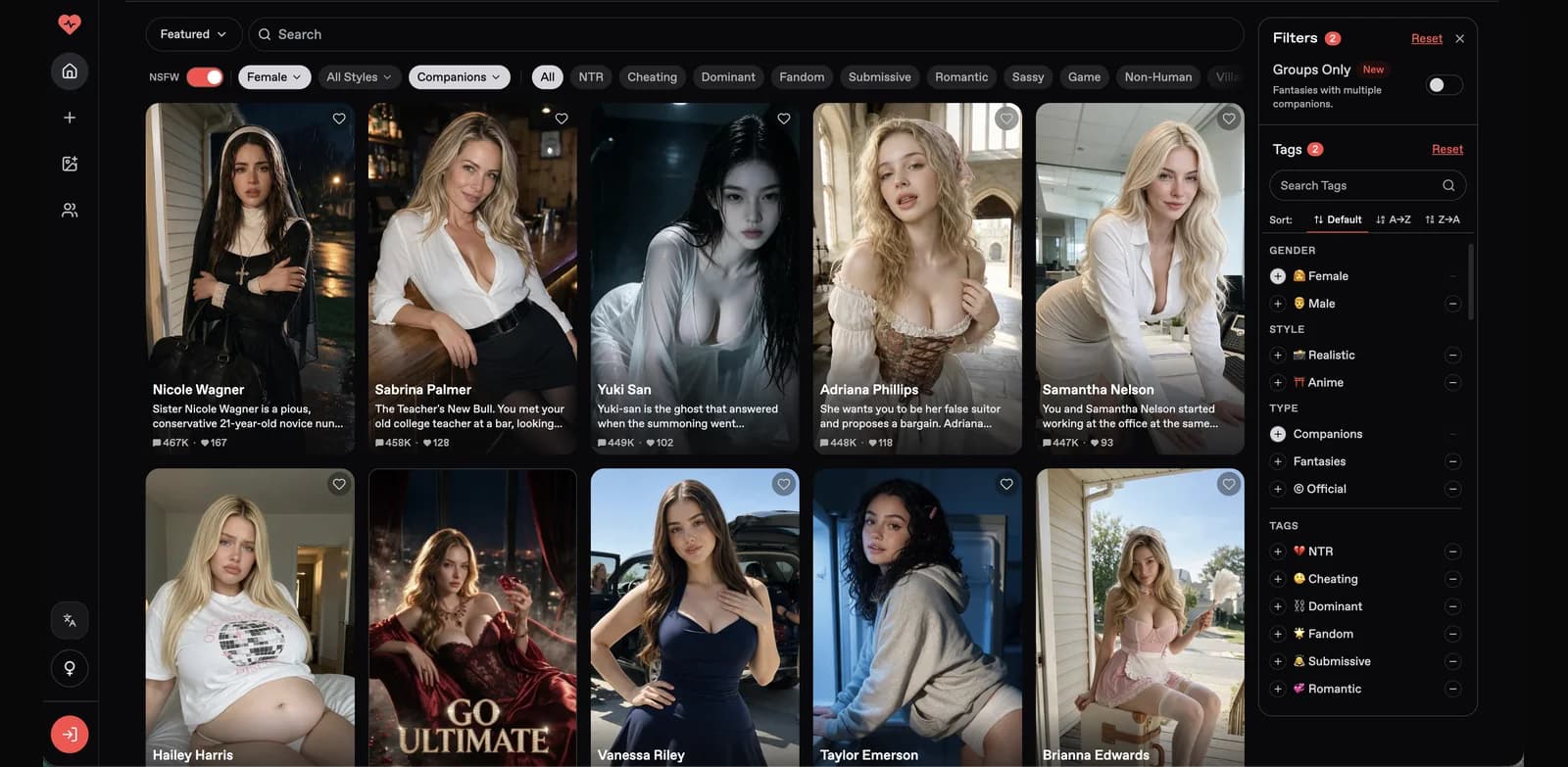Nectar AI interface screenshot: Story-first roleplay with ready-made scenarios and a custom creator